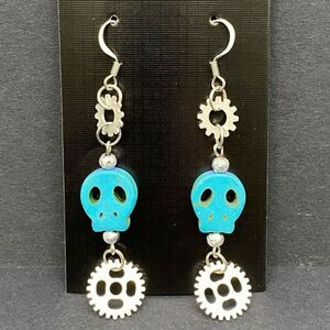 Handmade Blue Skull & Gear Silver Tone Earrings by Neanie-Bot